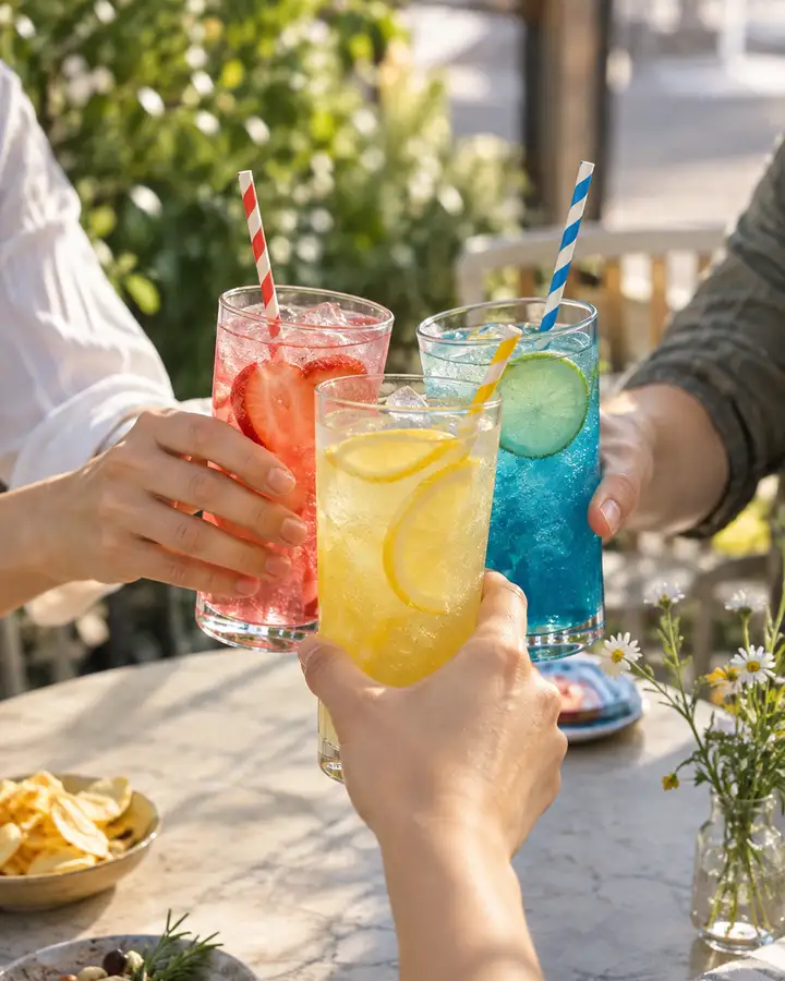 Three friends toasting with colorful fruit sodas.