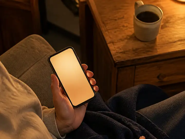 Hands holding a smartphone with a bright screen in a room at night.