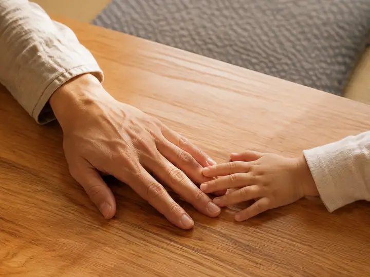 A child's fingertips resting on an adult's hand on a wooden dining table.